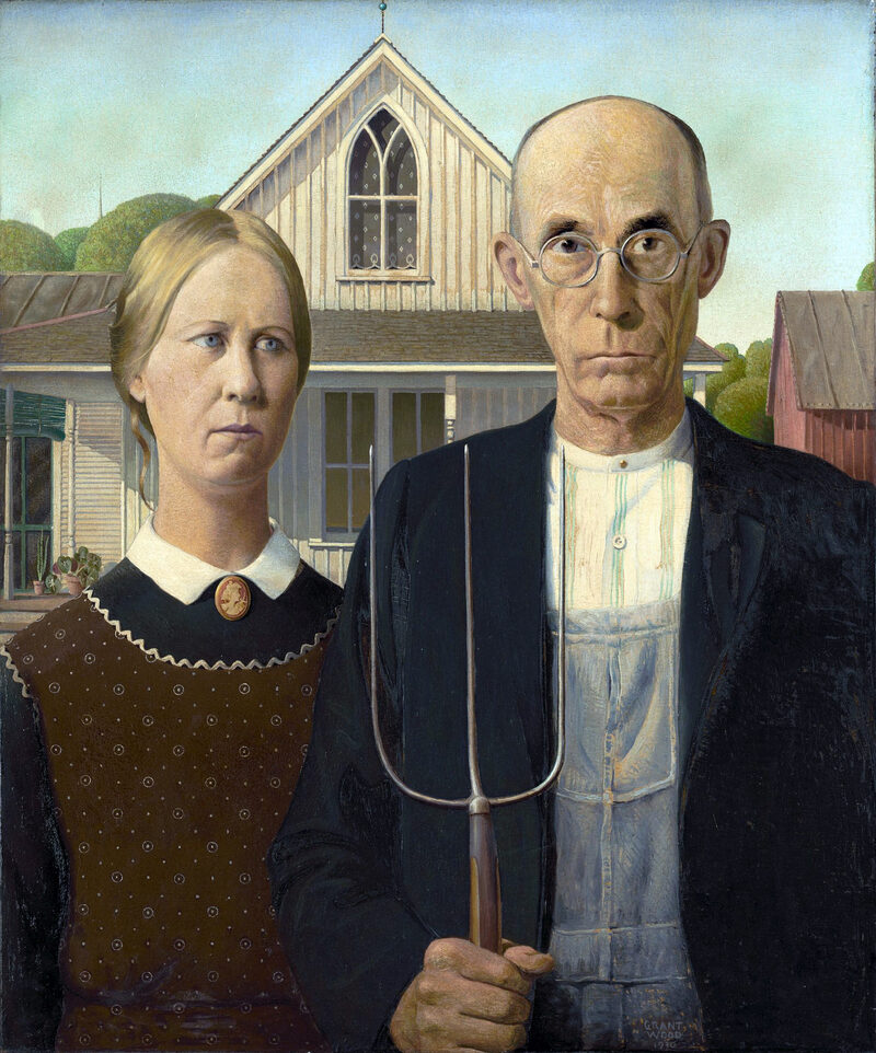 American Gothic by Grant Wood — stern farmer and woman before a Gothic-windowed house