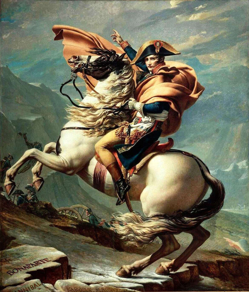 Napoleon Crossing the Alps by Jacques-Louis David — Napoleon on a rearing horse gesturing forward across the Alps