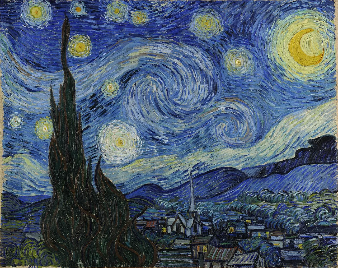 The Starry Night by Vincent van Gogh — swirling blue nocturne with luminous stars over a village