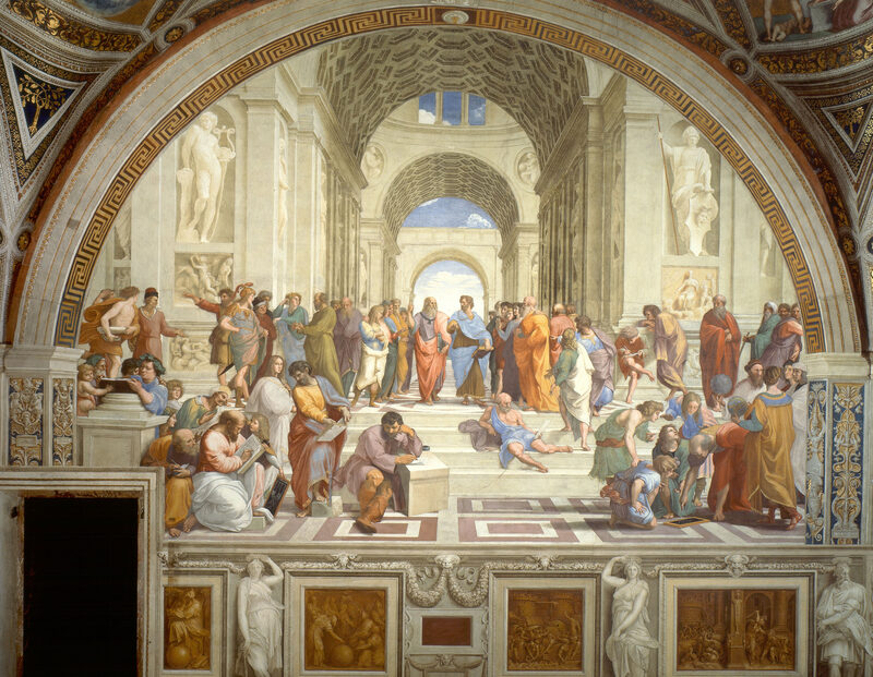 The School of Athens by Raphael — classical philosophers in a grand Roman hall, Plato and Aristotle at centre