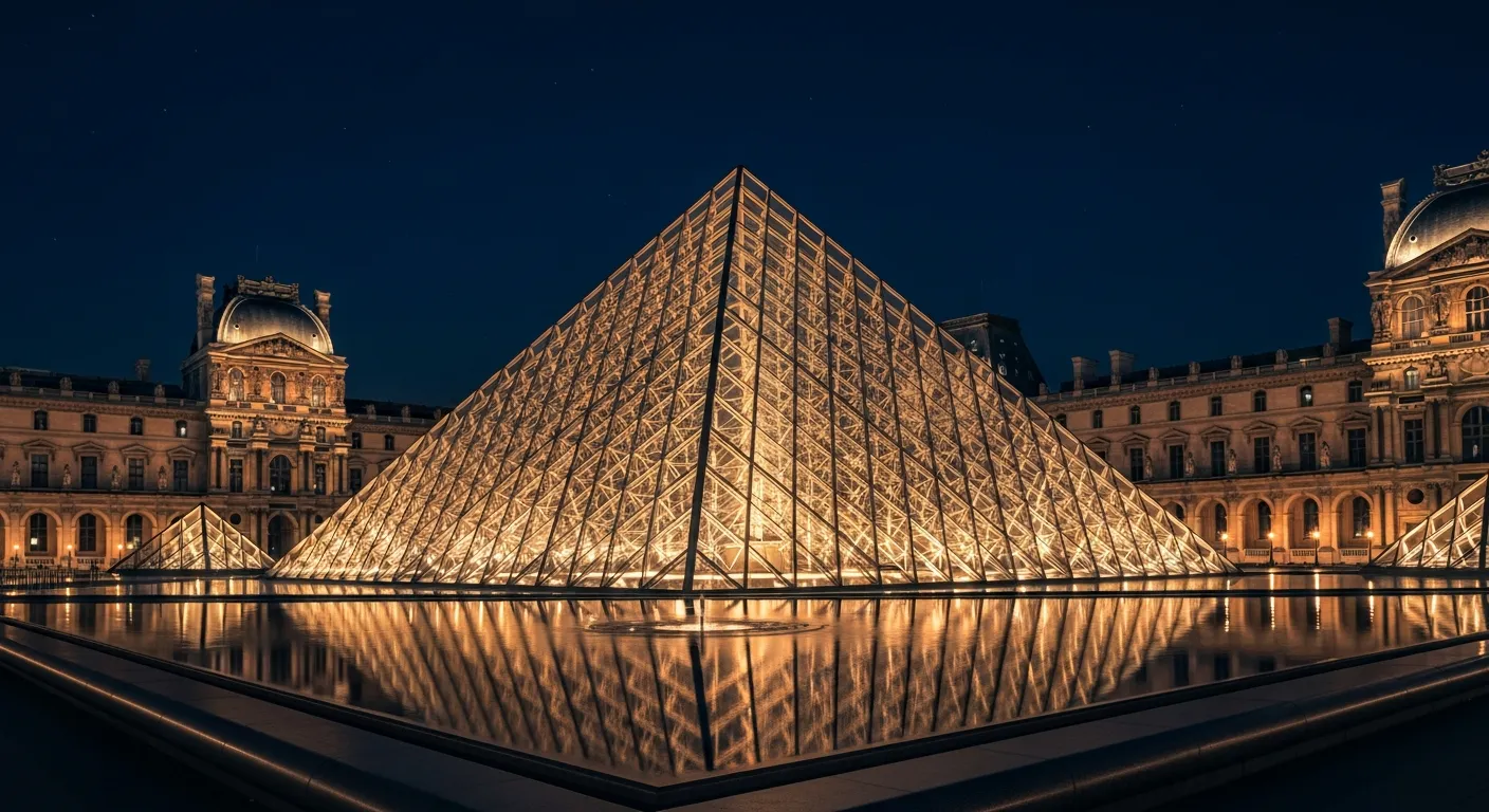 Exterior of the Louvre museum pyramid at night